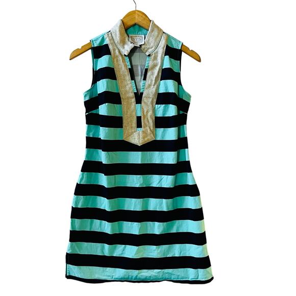 Sail To Sble Striped High Bishop Neck Dress Size S Small Teal Gold - Picture 7 of 9